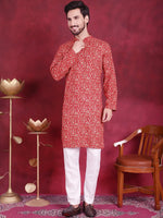 Men's Digital Printed Kurta with Pyjama.-JOKP-5014Red