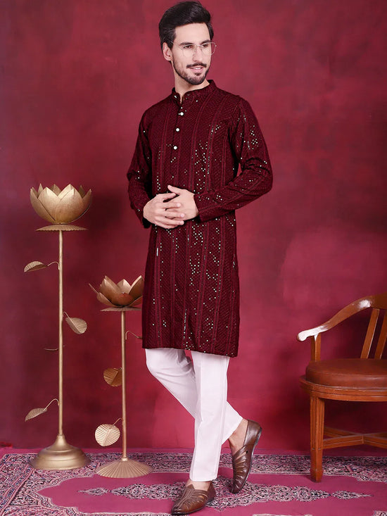 Men's Sequins Chikankari Embroidered Kurta with Pyjama.-JOKP-5015Maroon