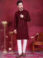 Men's Sequins Chikankari Embroidered Kurta with Pyjama.-JOKP-5015Maroon