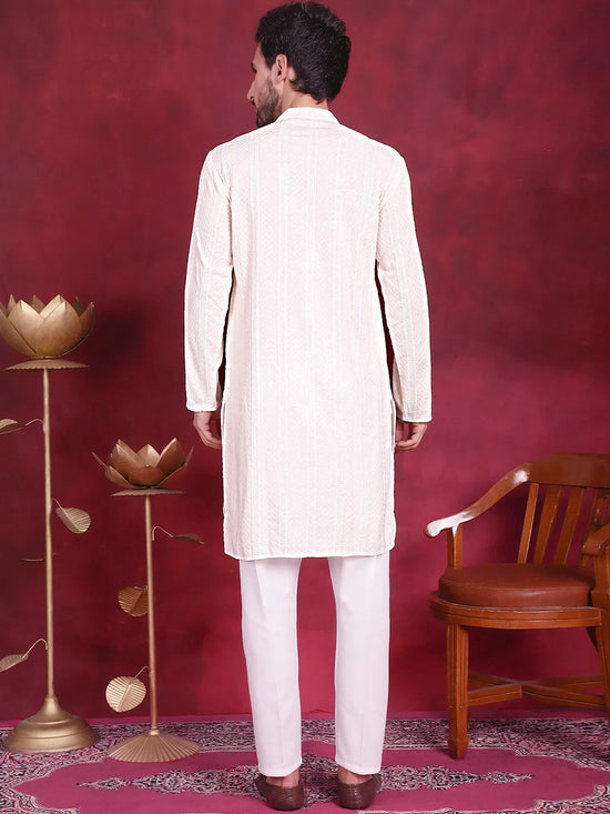 Men's Sequins Chikankari Embroidered Kurta with Pyjama.-JOKP-5015White