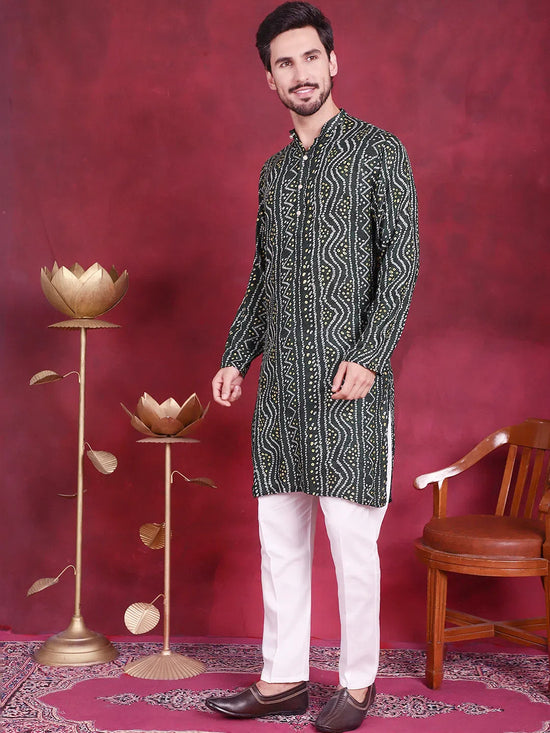 Men's Bandhani Printed Kurta with Pyjama.-JOKP-5016Green