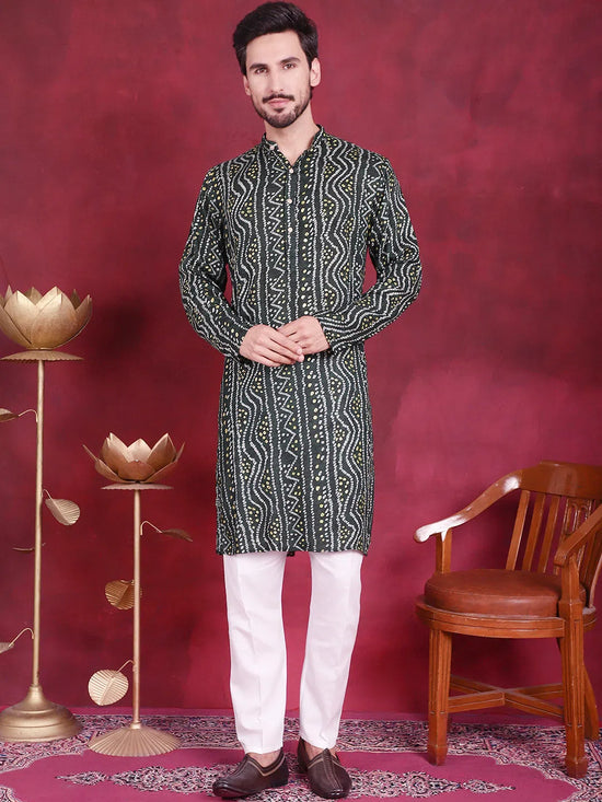 Men's Bandhani Printed Kurta with Pyjama.-JOKP-5016Green