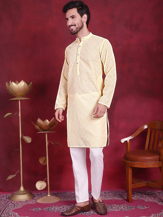 Chikankari Embroidered Kurta with Pyjama.-JOKP-5017Yellow