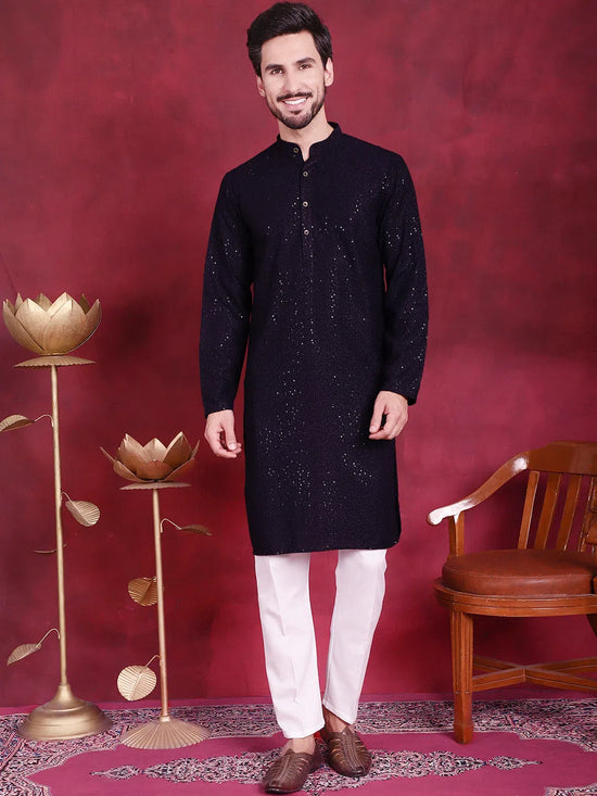 Sequins Chikankari Kurta with Pyjama.-JOKP-5018Navy