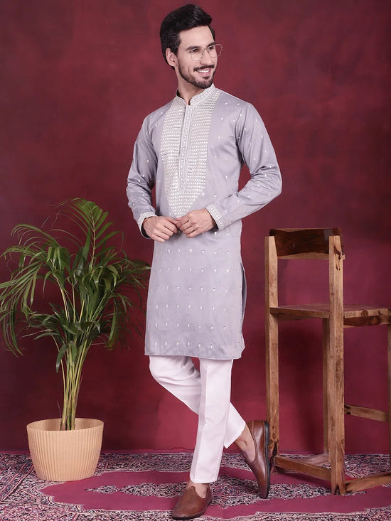 Men's Sequins Embroidered Kurta Pyjama Set.-JOKP-5019Grey