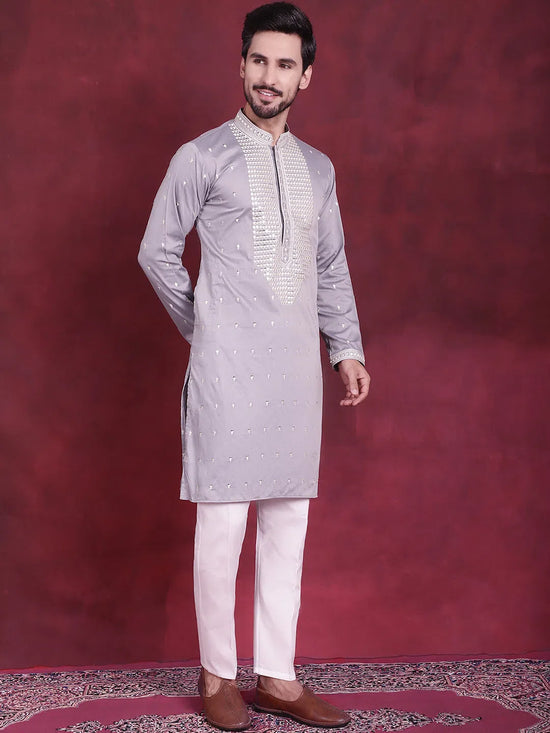 Men's Sequins Embroidered Kurta Pyjama Set.-JOKP-5019Grey