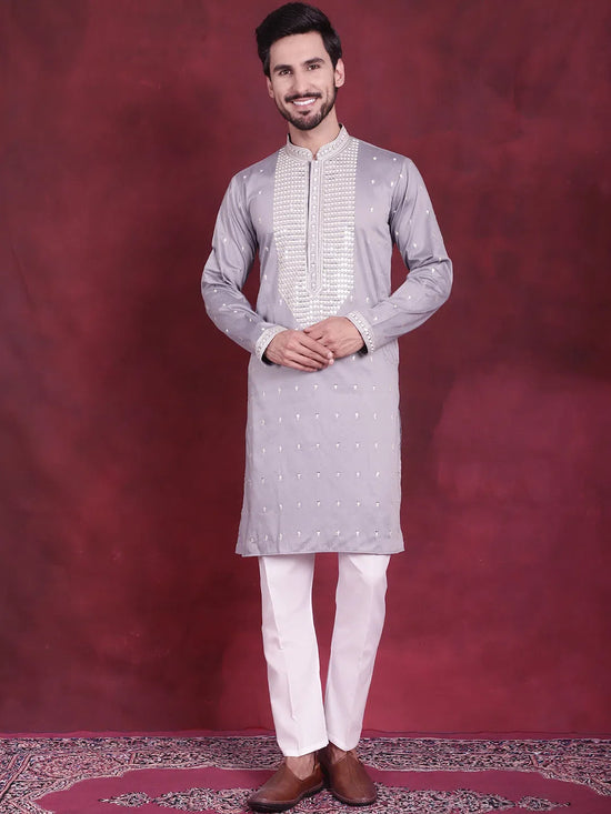 Men's Sequins Embroidered Kurta Pyjama Set.-JOKP-5019Grey