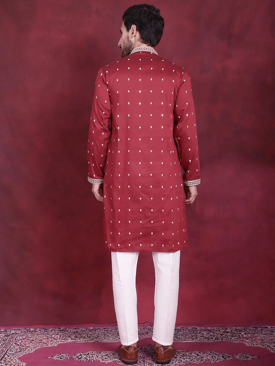 Men's Sequins Embroidered Kurta Pyjama Set.-JOKP-5019Maroon