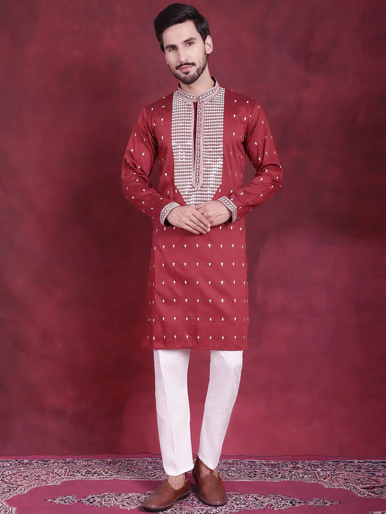 Men's Sequins Embroidered Kurta Pyjama Set.-JOKP-5019Maroon