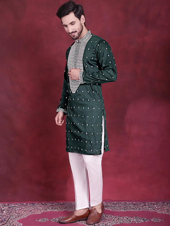 Men's Sequins Embroidered Kurta Pyjama Set.-JOKP-5019Olive