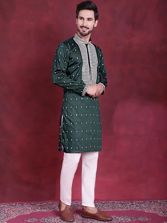 Men's Sequins Embroidered Kurta Pyjama Set.-JOKP-5019Olive