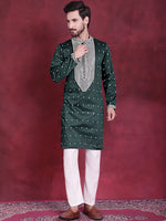 Men's Sequins Embroidered Kurta Pyjama Set.-JOKP-5019Olive