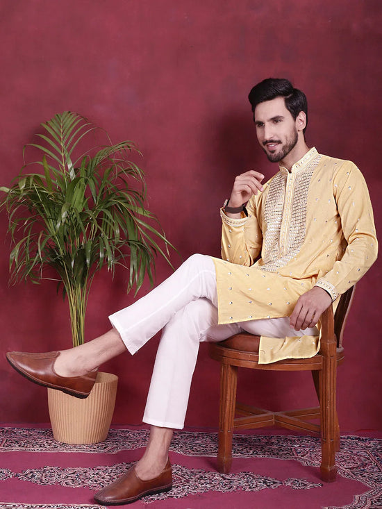 Men's Sequins Embroidered Kurta Pyjama Set.-JOKP-5019Yellow