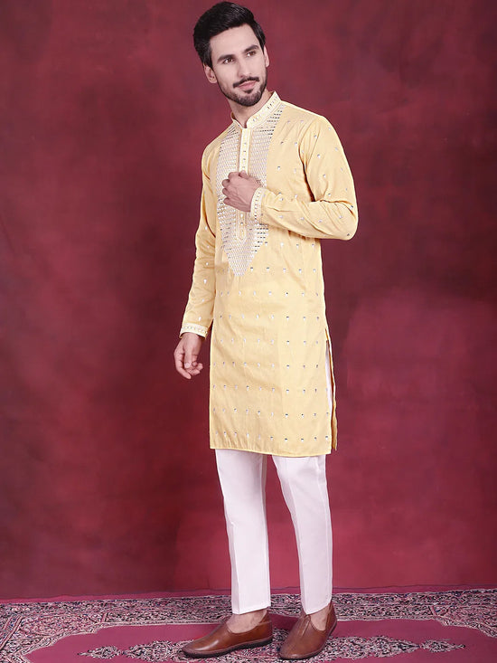 Men's Sequins Embroidered Kurta Pyjama Set.-JOKP-5019Yellow