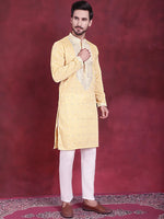 Men's Sequins Embroidered Kurta Pyjama Set.-JOKP-5019Yellow