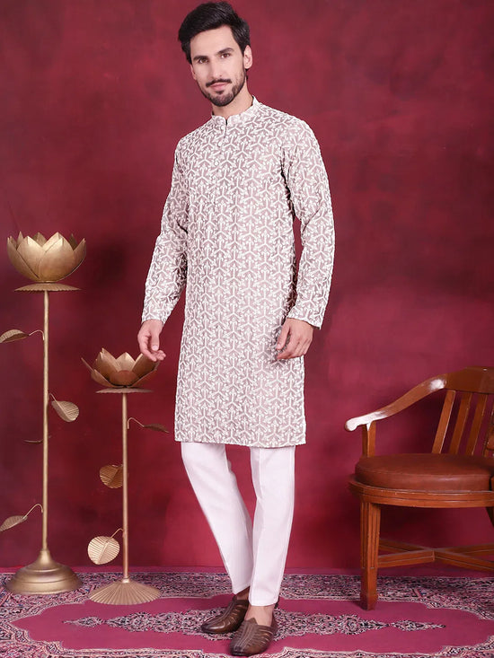 Men's Chikankari Embroidered Kurta Pyjama Set.-JOKP-5020Grey