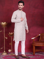 Men's Chikankari Embroidered Kurta Pyjama Set.-JOKP-5020Grey