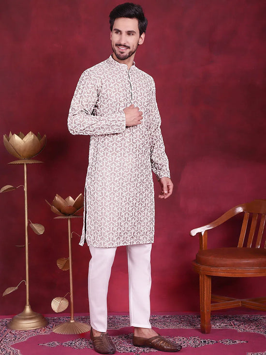 Men's Chikankari Embroidered Kurta Pyjama Set.-JOKP-5020Grey