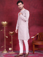 Men's Chikankari Embroidered Kurta Pyjama Set.-JOKP-5020Purple