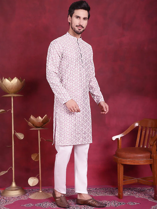 Men's Chikankari Embroidered Kurta Pyjama Set.-JOKP-5020Purple