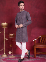 Men's Chikankari Embroidered Kurta Pyjama Set.-JOKP-5021Grey