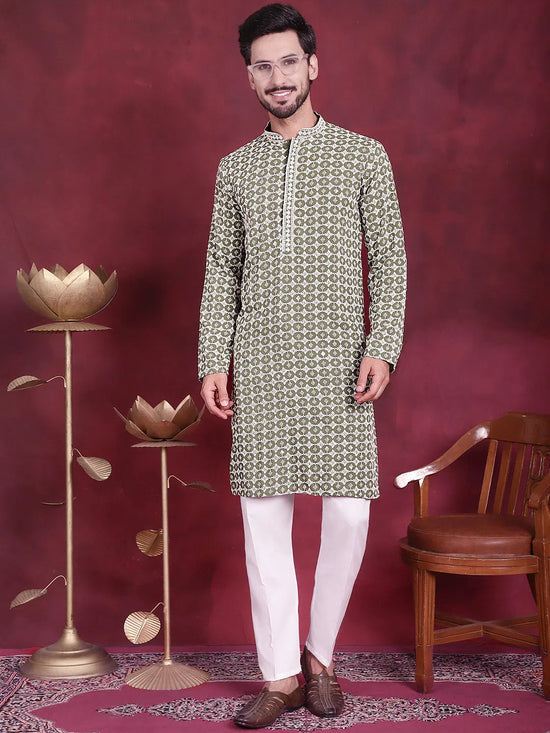 Men's Sequins Embroidered Kurta with Pyjama.-JOKP-5023Mehndi