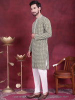 Men's Sequins Embroidered Kurta with Pyjama.-JOKP-5023Mehndi