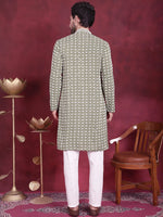 Men's Sequins Embroidered Kurta with Pyjama.-JOKP-5023Mehndi