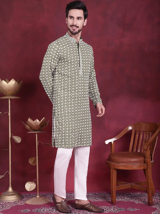 Men's Sequins Embroidered Kurta with Pyjama.-JOKP-5023Mehndi