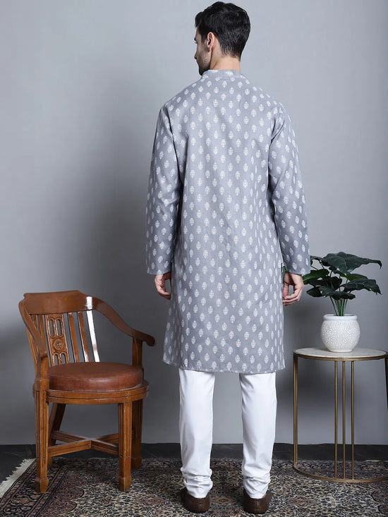 Men Grey and White Floral Printed Kurta with Churidar-JOKP-650Dark-Grey