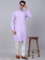 Men Purple and White Floral Printed Kurta with Churidar-JOKP-650Purple