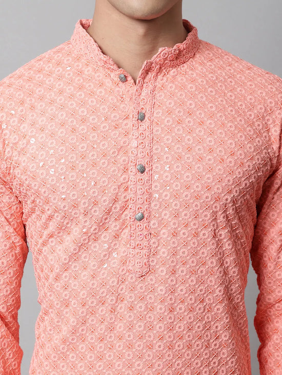 Men Peach Chikankari Embroidered and Sequence Kurta with Churidar-JOKP-678Peach