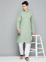 Men Pista Green Chikankari Embroidered and Sequence Kurta with Churidar-JOKP-678Pista