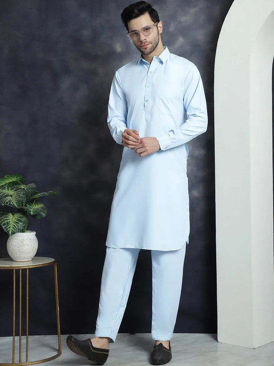 Men's Solid Pathani Kurta with Salwar-JOKP-696Sky