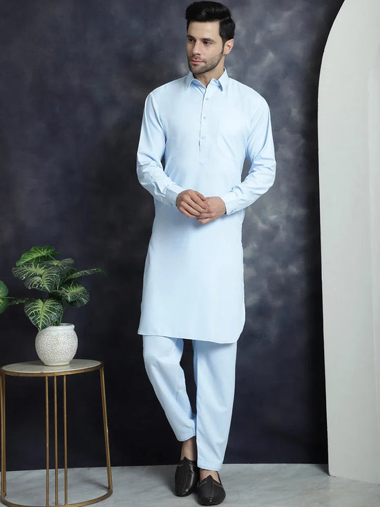 Men's Solid Pathani Kurta with Salwar-JOKP-696Sky