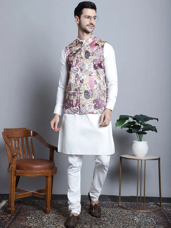 Men's Digital Print and Zari Work Nehru Jacket With Kurta Pyjama Set-JOKPWC-592W-4086Purple