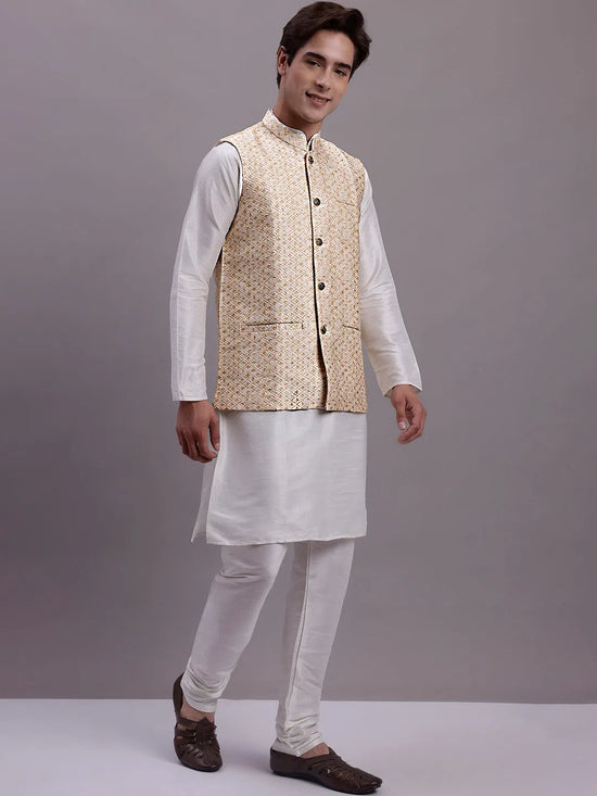 Men's Cream Woven Design Nehru Jacket With Solid Kurta Pyjama.-JOKPWC-636W-4081Cream