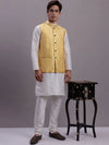 Men's Golden Woven Design Nehru Jacket With Solid Kurta Pyjama.-JOKPWC-636W-4081Golden