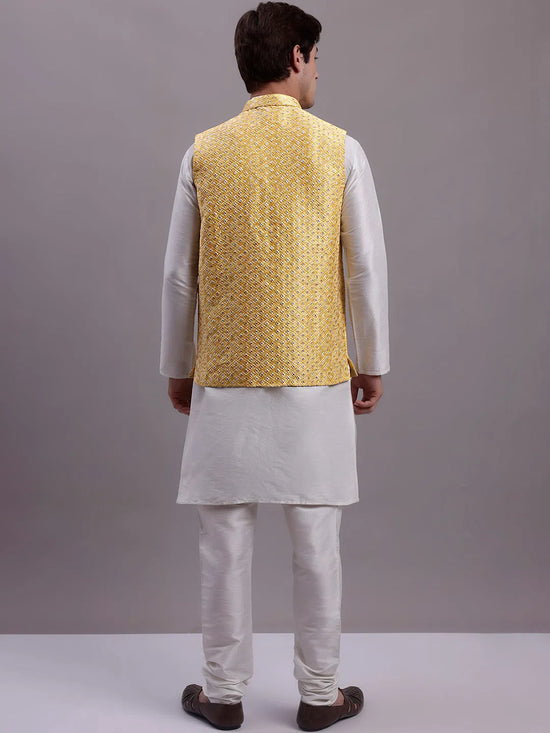 Men's Golden Woven Design Nehru Jacket With Solid Kurta Pyjama.-JOKPWC-636W-4081Golden