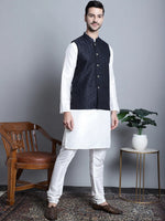 Men's Woven Design Nehru Jacket With Kurta Pyjama Set-JOKPWC-636W-4085Navy