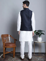 Men's Woven Design Nehru Jacket With Kurta Pyjama Set-JOKPWC-636W-4085Navy