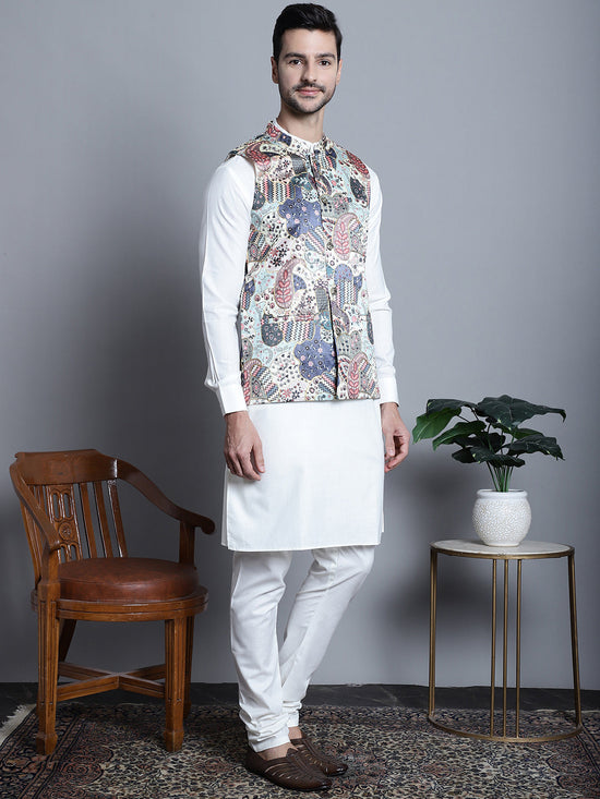 Men's Digital Print and Zari Work Nehru Jacket With Kurta Pyjama Set-JOKPWC-592W-4086Blue