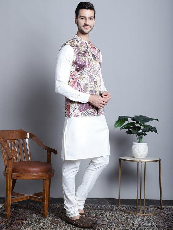 Men's Digital Print and Zari Work Nehru Jacket With Kurta Pyjama Set-JOKPWC-592W-4086Purple