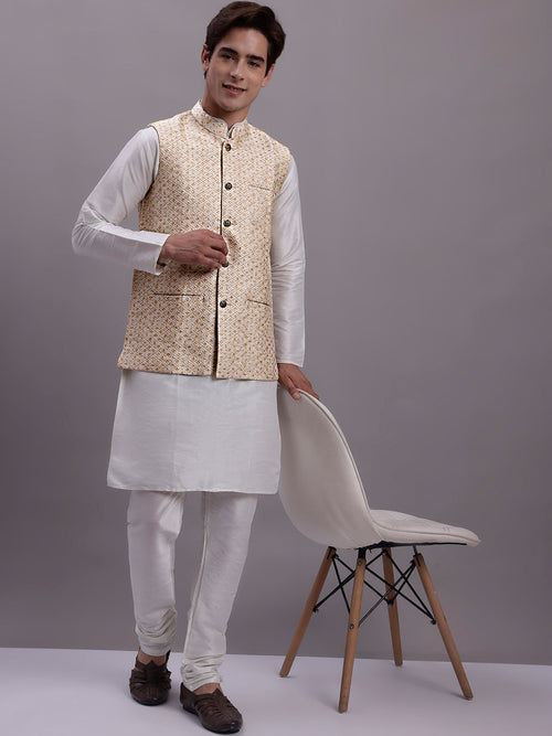 Men's Cream Woven Design Nehru Jacket With Solid Kurta Pyjama.-JOKPWC-636W-4081Cream