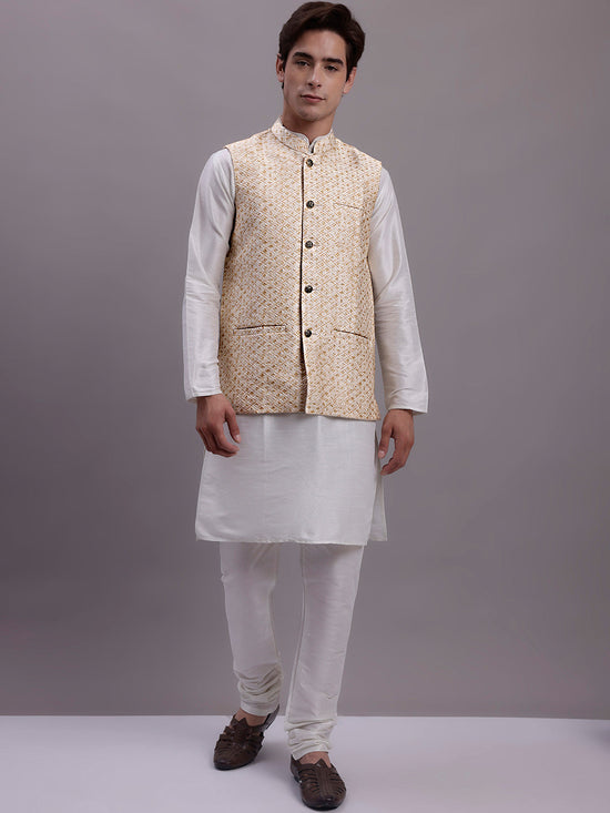 Men's Cream Woven Design Nehru Jacket With Solid Kurta Pyjama.-JOKPWC-636W-4081Cream