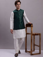 Men's Olive Green Woven Design Nehru Jacket With Solid Kurta Pyjama.-JOKPWC-636W-4081Olive