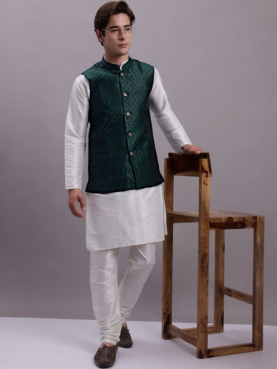 Men's Olive Green Woven Design Nehru Jacket With Solid Kurta Pyjama.-JOKPWC-636W-4081Olive