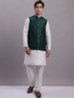 Men's Olive Green Woven Design Nehru Jacket With Solid Kurta Pyjama.-JOKPWC-636W-4081Olive