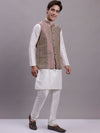 Men's Peach Woven Design Nehru Jacket With Solid Kurta Pyjama.-JOKPWC-636W-4081Peach