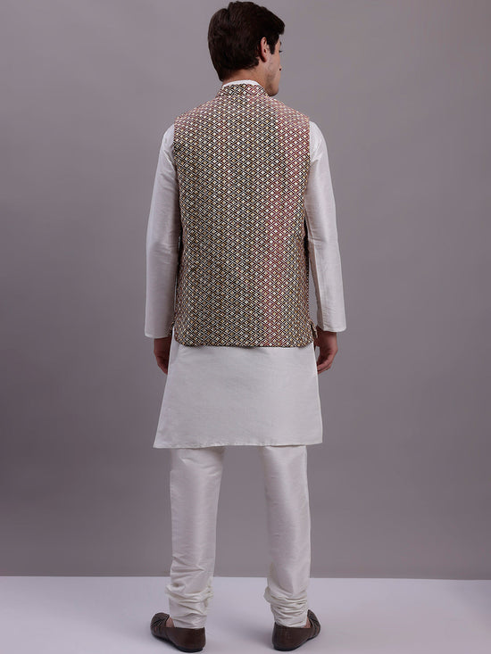 Men's Peach Woven Design Nehru Jacket With Solid Kurta Pyjama.-JOKPWC-636W-4081Peach